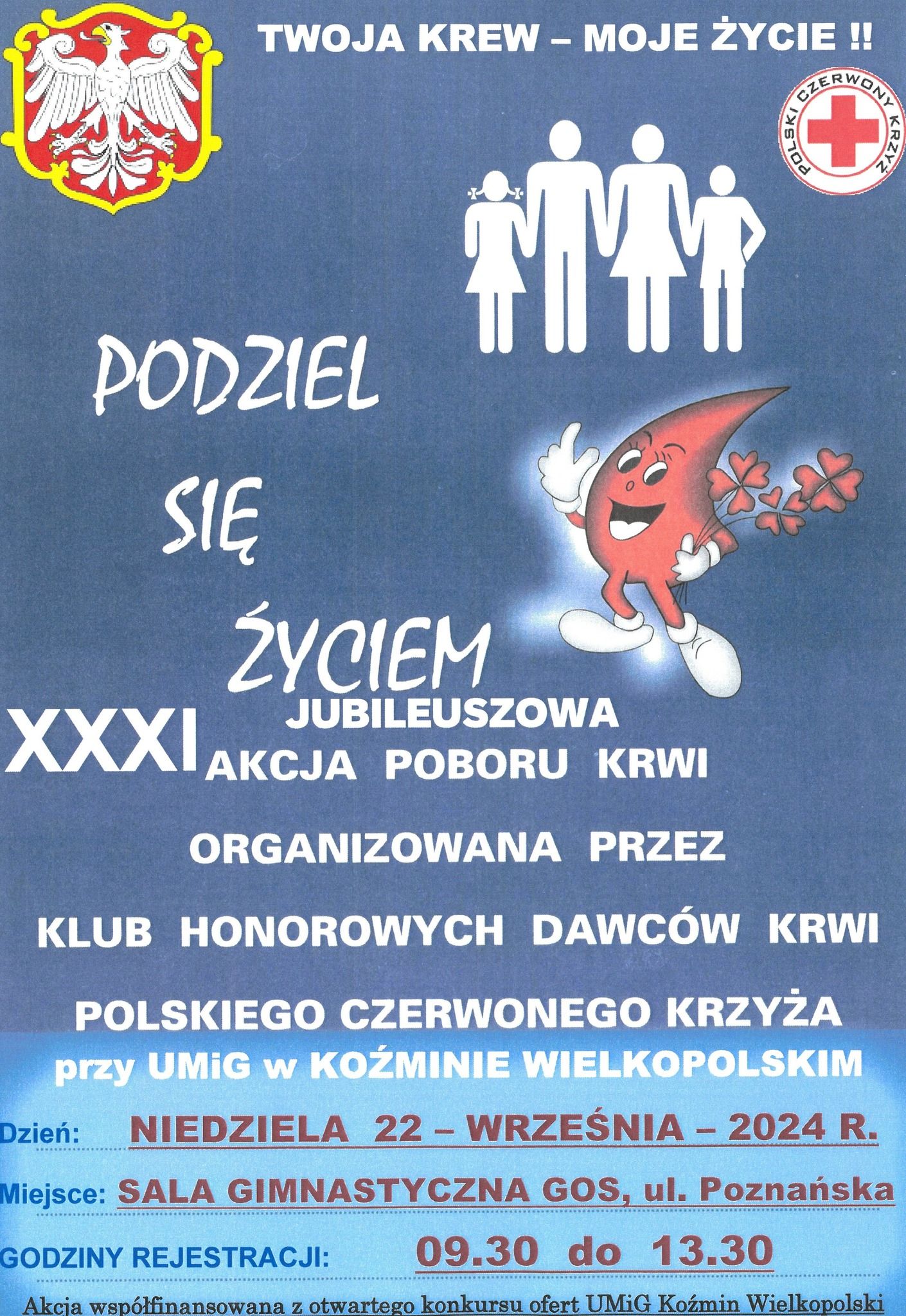 Na granatowym tle treść plakatu.